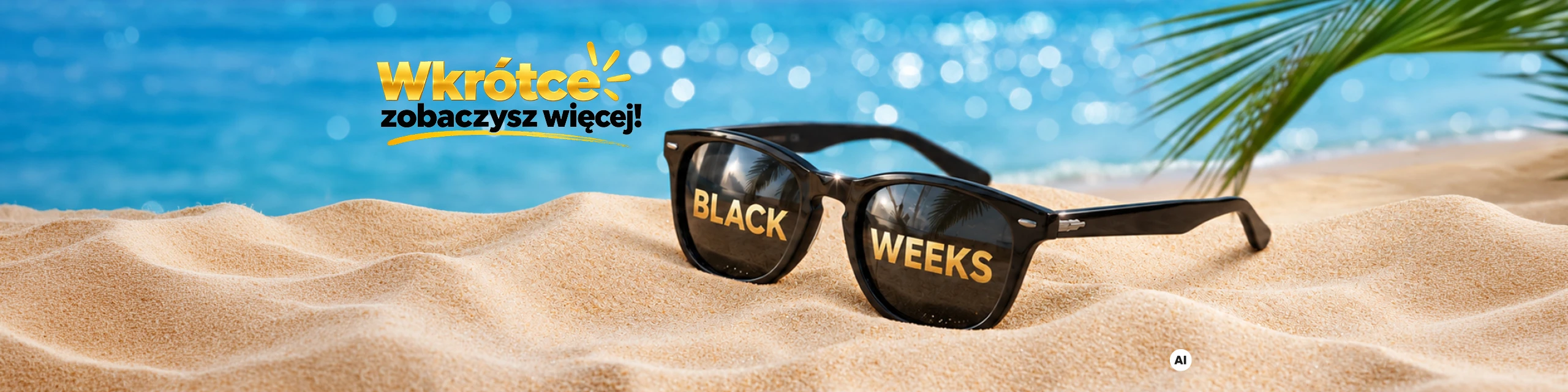 Okulary przeciwsłoneczne na piasku z napisem Black Weeks, w tle morze i palma