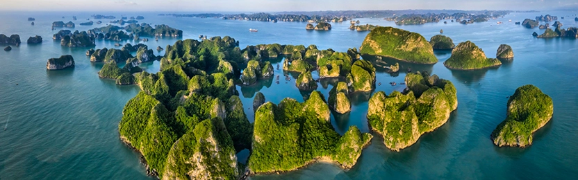 Panorama zatoki Ha Long z wapiennymi wyspami
